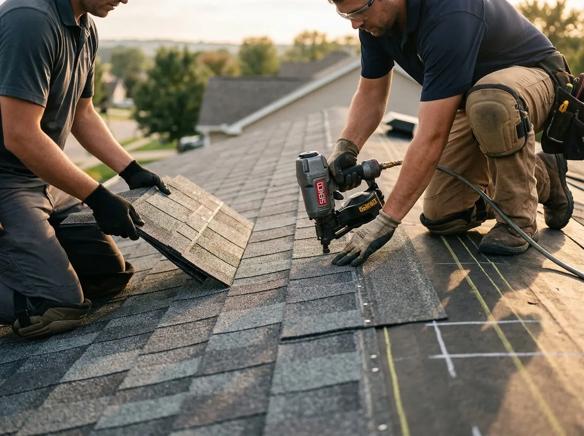 Professional roofer working on a residential roof in Dighton